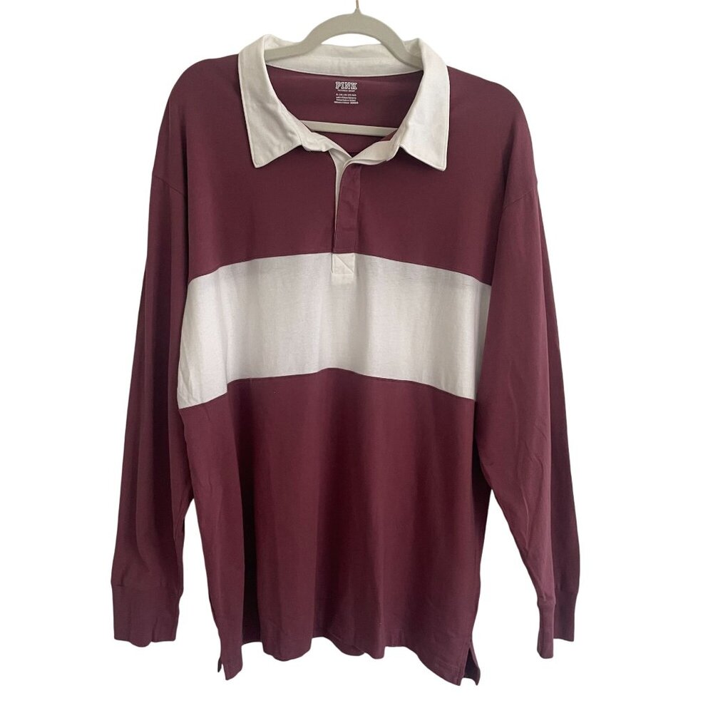 PINK Victoria's Secret Maroon and White Rugby Top